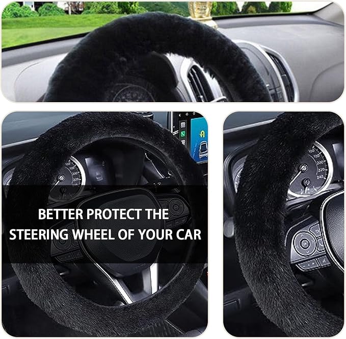 Ziciner Fuzzy Steering Wheel Cover, 15 inch Soft Wool Fur Steering Wheel Protector, Fluffy Wheel Covers for Winter Warm, Car Interior Decoration Accessories for Women Men (Black)