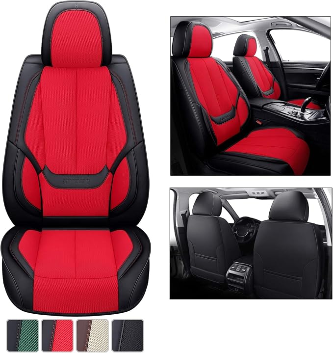 Coverado Front Seat Covers, Universal Seat Covers for Cars, Breathable Fabric&Leather Car Seat Protector, Front Car Seat Covers, Seat Covers Waterproof, Driver Seat Cover Fit for Most Cars, BlackRed