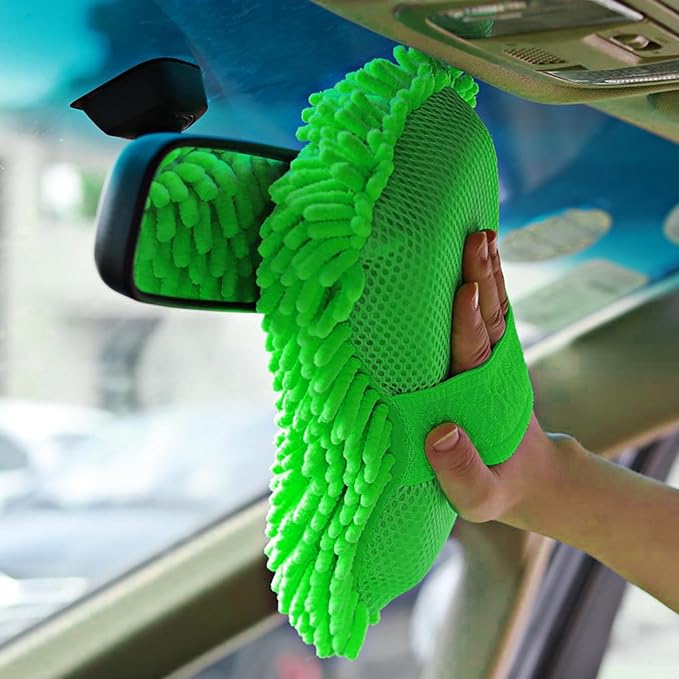 Microfiber Car Wash Sponge, Scratch-Free Vehicle Washing Mitt with Chenille & Mesh Sides, Highly Absorbent Sponge Lint-Free Cleaning Tool for Car Washing & Detailing (Green)