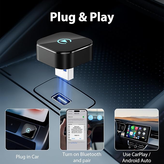 Sunweyer S40 Super Mini CarPlay Adapter Wireless Android Auto Car Kit-for Factory Wired CarPlay Cars, Auto Connect Wireless Adapter