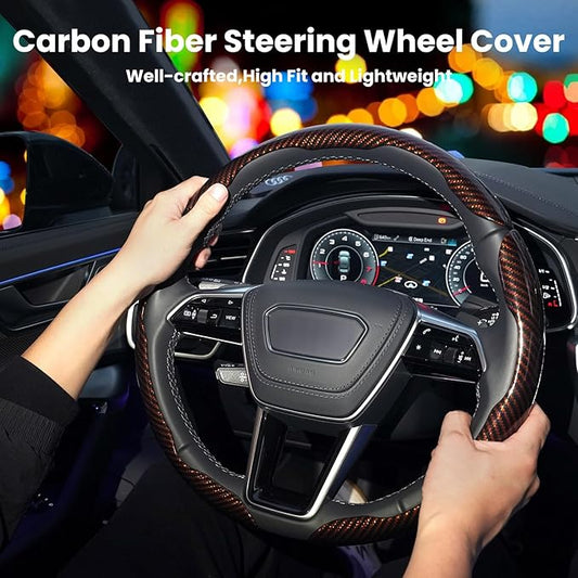 Hiseanllo Carbon Fiber Steering Wheel Cover 3PCS Set – Anti-Slip, Scratch-Resistant, Universal Fit for 14–16 Inch Wheels – Interior Car Accessories for Cars, SUVs, Trucks (Brown)