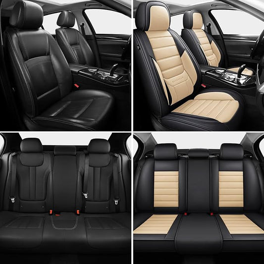 MINGBRON Car Seat Covers Full Set, Brown Car Seat Cover Lumbar Support, Car Seat Protector Waterproof, Nappa Leather Car Seat Cushion, Front Seats and Back Fit for Most Cars Beige