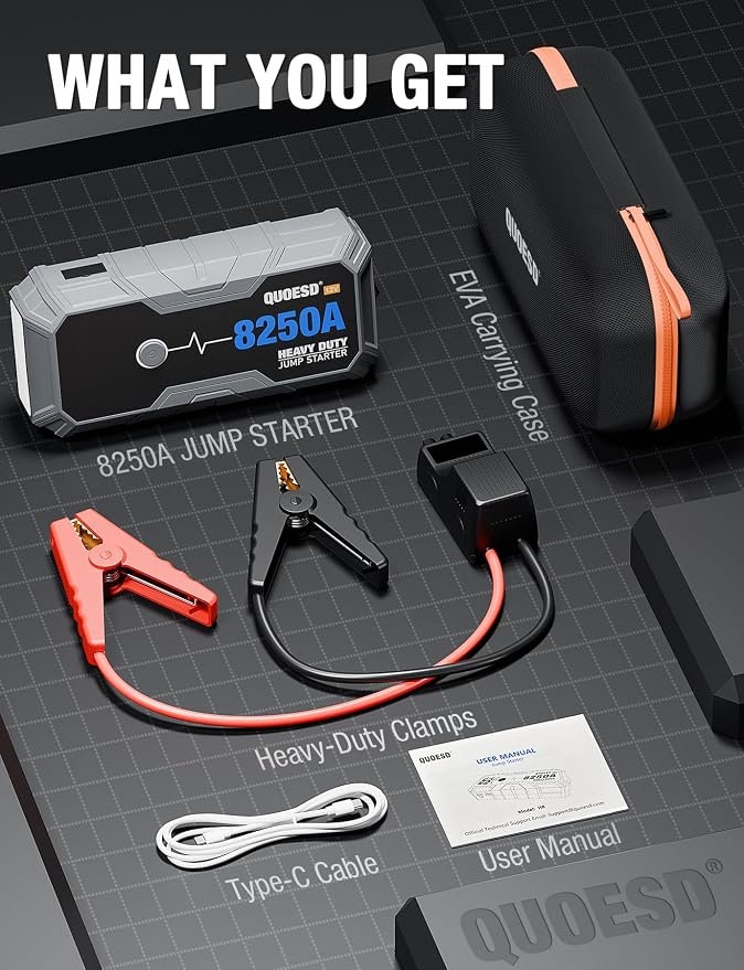 8250A Jump Starter Battery Jump Starter Battery Pack (for All Gas or 10.0+L Diesel), 12V Potable Heavy Duty Car Jump Start with 60W Power Bank 24-Months Stand-by Time