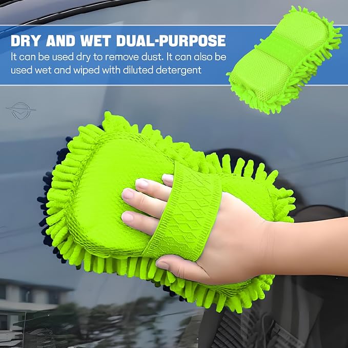 2PCS Microfiber Car Wash Sponge, Double Sided Chenille Microfiber Car Wash Mitt, Scratch Free & Lint Free, Absorbent Automotive Washing Sponges, Auto Cleaning Supplies (Fluorescent Green)
