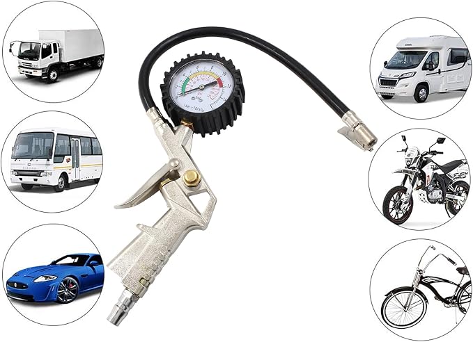 Tire Inflator with Pressure Gauge 0-220PSI Dial Wheel Air Tyre Pressure Meter Gauge with Rubber Hose for RV Car Motorcycle Bike