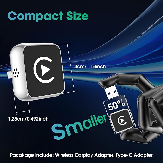 Wireless CarPlay Adapter, 2026 Upgraded Wired to Wireless for Apple CarPlay & Android Auto, 2-in-1 Mini USB Design Car Play Adapter with Type-C Adapter, Plug and Play, Stable Connection with No Delay