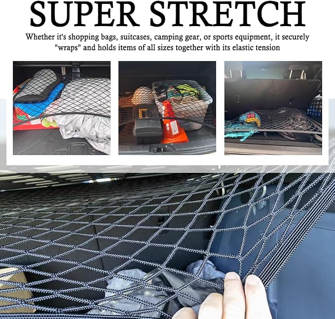 Upgrade Cargo Net for SUV with 4 Hooks,Stretchy 32x23 to 63x47 Elastic Trunk Net for SUV,Essential Automotive Cargo Nets as Trunk Organizer for Securely Fastening Items
