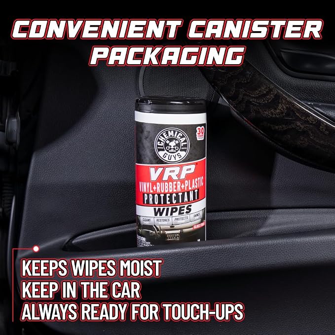 Chemical Guys VRP, Vinyl, Rubber, Plastic, Shine & Protectant Canister Wipes, Great For Cars, Trucks, SUVs, RVs, & More (30 Ct) - PMWCTVD10730