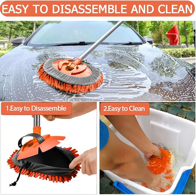 WillingHeart 47.5" Car Wash Brush Mop Cleaning Tool with Long Handle Kit for Washing Detailing Cars Truck, SUV, RV, Trailer, Boat 2 in 1 Chenille Microfiber Sponge Duster Not Hurt Paint Scratch Free