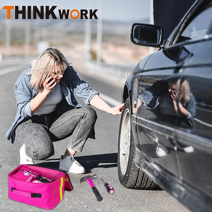 THINKWORK Car Emergency Kit for Teen Girl and Lady's Gifts, Pink Emergency Roadside Assistance kit with Pink Car Tool Set, 10FT Jumper, First Aid Kit, and More Ideal Pink Car Accessories Tool - E8