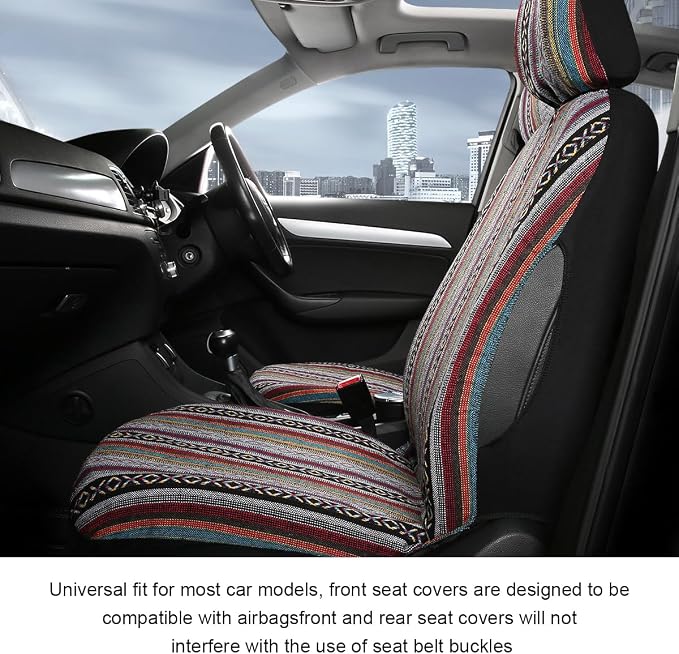 5 PCS Baja Saddle Blanket Car Seat Covers, Front Set Breathable Striped Woven Auto Seat Protector, Hippie Boho Airbag Compatible Seats Covers for Most Cars, SUVs, Trucks
