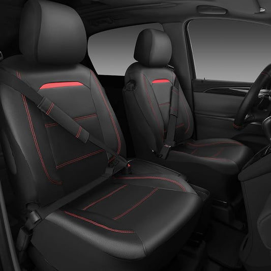 CAR PASS Leather Car Seat Cover Full Set with Steering Wheel Cover and 2PCS Seat Belt Shoulder Pads,for Trucks and SUV with Built-in Seatbelts and Front Seat Side Armrests(Combo Set, Black and Red)