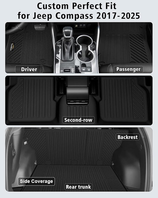 Floor Mats Custom Fit for Jeep Compass 2017-2025 2026 Trunk Mat with Backrest Mat All Weather TPE Rubber Cargo Liner Anti-Slip Full Set for Compass Accessories (Trunk Mat+Backrest Mats+Floor Mats)