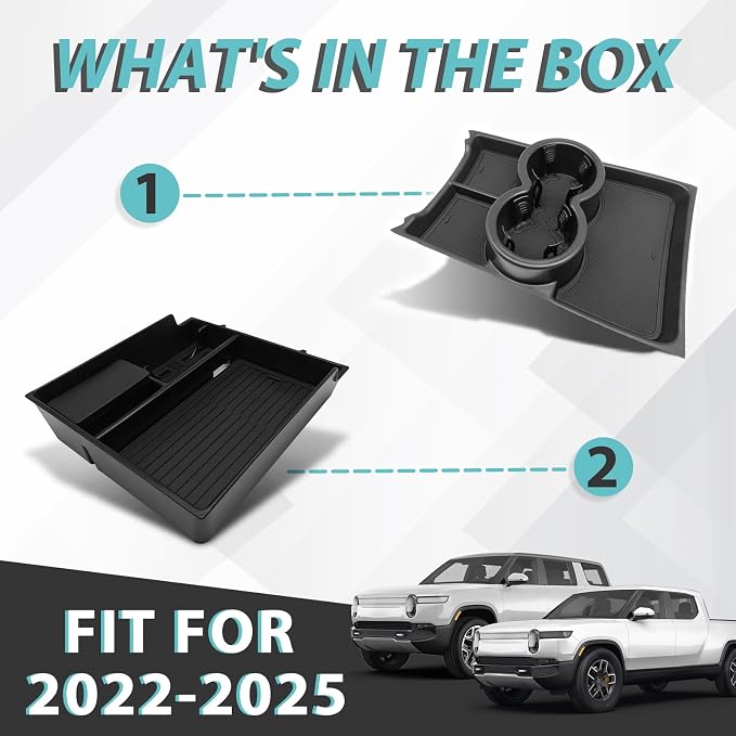 BestEvMod Upgraded V3 Armrest Storage Box and Cup Holder Lower Center Console Organizer Tray with PVC Trim Removable Coin Holder Compatible with Rivian R1T/R1S 2022-2024 (V3 Console+Lower Tray Black)