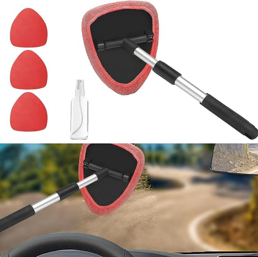 Car Window Cleaner, Car Cleanser Brush, Car Accessories Car Cleaning Supplies Tools, Car Cleaning Kit with Extendable Handle, Microfiber Cloth, Spray Bottle, Fits All Cars (Red)