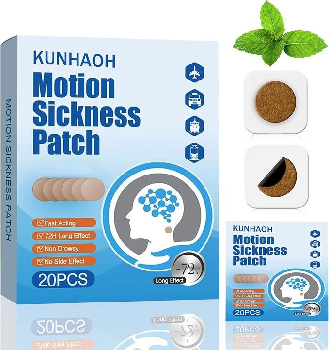 KUNHAOH (2026 New) Motion Sickness Patches for Adults and Kids(Travel Essentials),Ship-EEZ Sea Sickness Patch(Non-Drowsy & Lasts 72 Hours)-for Car and Boat Rides, Ships, Cruise and Airplane(20 Count)