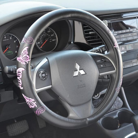 BDK Design Comfort Grip Steering Wheel Cover for Car SUV Van and Truck, 15 inch Standard Size, Pink Butterflies