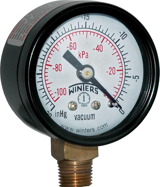 Winters 1-1/2 inch Dial Size, Economy Utility Dry Pressure Gauge, Brass Internals, Black Steel Case, Dual Scale 30 inch Hg-0 Vac/kPa, 3-2-3% Accuracy, 1/8 inch NPT Bottom Mount, Vacuum Pressure Gauge