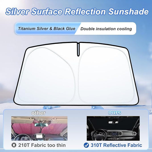 Windshield Sun Shade for 2016-2023 Toyota Tacoma Accessories| Front Window Sun Visor| 310T Reflective Polyester| UV Heat Insulation Protection| Foldable Sunshade with Storage Pouch| Outdoor Camping
