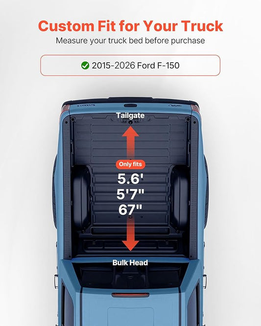 VEVOR Soft Roll-Up Truck Bed Tonneau Cover, Compatible with 2015-2026 Ford F-150, Fits 5.6 ft (5 ft 7 in/67 in) Bed, Triple-Layer Heavy-Duty PVC Tonneau Cover with Three Aluminum Alloy Support Bars