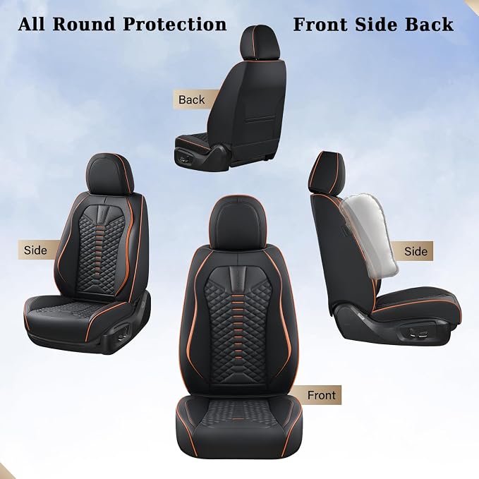 Coverado Automotive Seat Covers, Car Seat Covers Front Seats, Nappa Leather Black Orange Car Seat Cover, Waterproof Seat Cushion, 2 Pack Front Seat Covers Driver Seat Protector Fit for Most Cars SUV