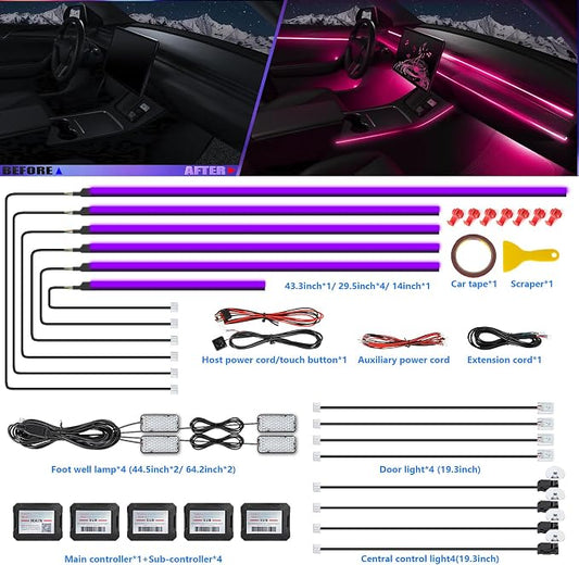 Acrylic Interior Car LED Strip Light with Wireless APP, RGB 18 in 1 with 175 inches 600 LEDs Fiber Optic Strip Lights for Car, Dynamic Chasing Sound Active Neon Car Ambient Lighting Kits