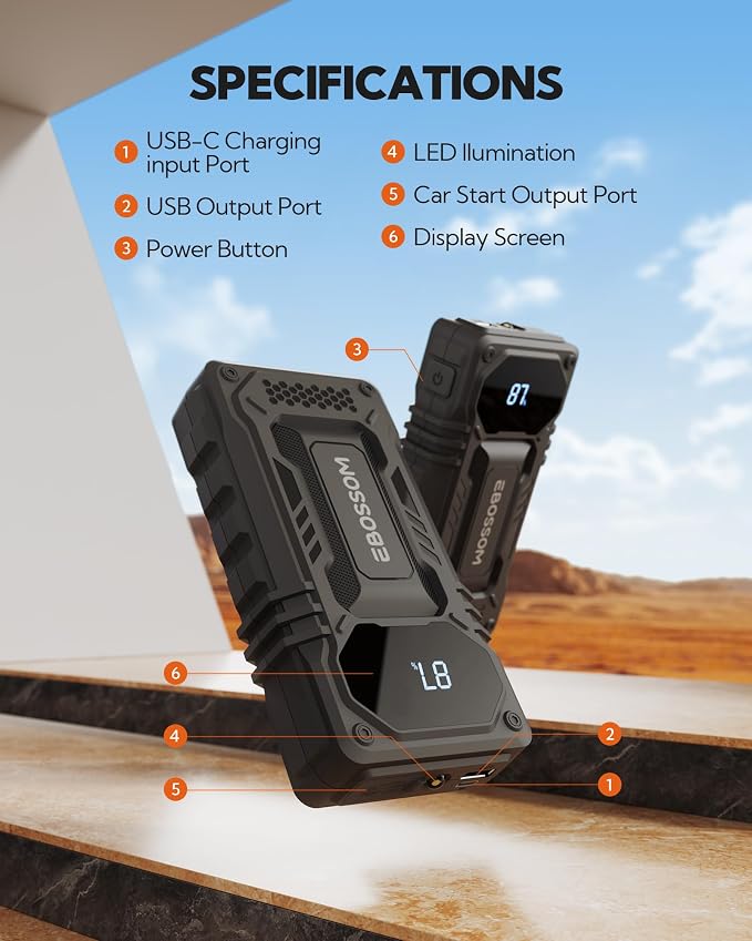 2026 New Portable Car Battery Jump Starter,12000mAh Battery Jump Box,44.4Wh Vehicle Jump Booster with Smart Jumper Cables,LED Light Emergency Car Kits for Vehicles,Arrancador Ae Batería
