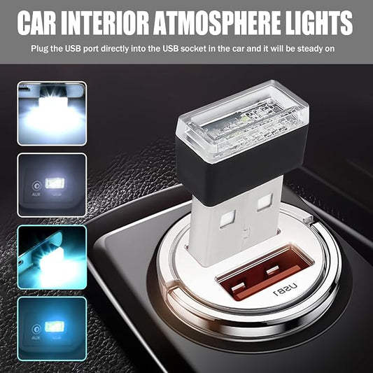 4 PCS USB LED Car Interior Atmosphere Lamp, Portable Mini Auto LED Decor Night Light, Plug-in USB Interface Ambient Lighting Kit, Universal Car Interior Accessories(White+Ice Blue)