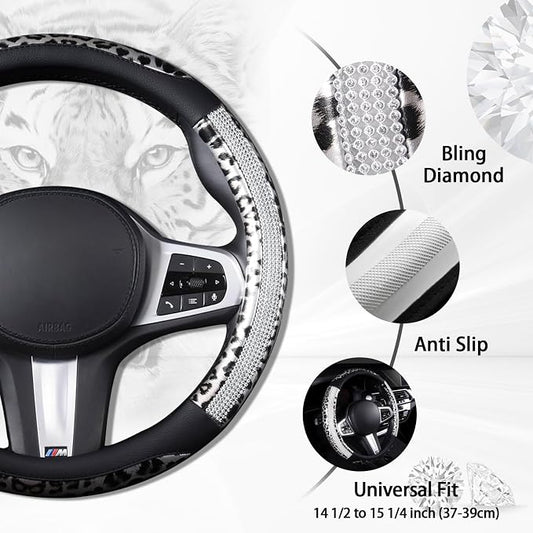 AUTOYOUTH Leopard Steering Wheel Cover - Bling Crystal Rhinestones Cheetah Print on Leather Non-Slip Breathable Design for Women/Girls Universal Fit 14.5-15 Inch(Black & Silver)