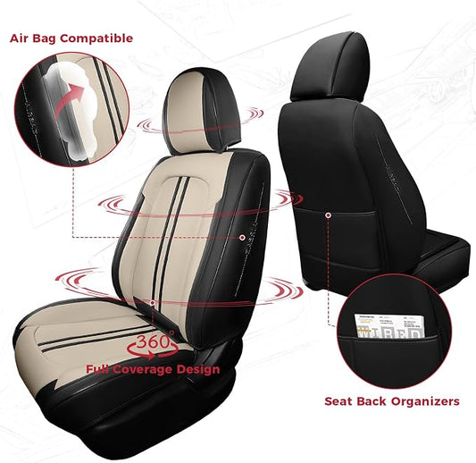 FREESOO Front Seats 2PCS Leather Car Seat Covers, Ultra Breathable Waterproof Seat Covers for Cars Trucks SUV, Carseat Protector Car Seat Cover Fit for Most Vehicles, Black Beige