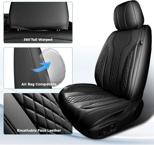 Leather Car Seat Covers Full Set, Breathable Faux Leather Seat Covers for Cars SUV Sedan Waterproof Black
