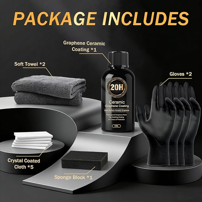 Ceramic Coating for Cars, 20H High-Grade Graphene Coating for Automobiles, Complete Detailing Kit, 10+ Years of Lasting Defense, Intense Glossy Look, Use After Washing & Polishing, 70ml