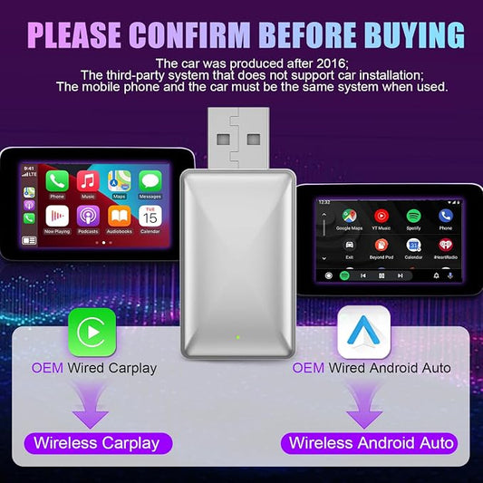 2 in 1 Wireless CarPlay Adapter & Android Auto Adapter Converts Factory Wired CarPlay to Wireless Dongle for OEM Cars from 2016,iPhone iOS 10+/Android 11+(Silver Gray) (Grey)