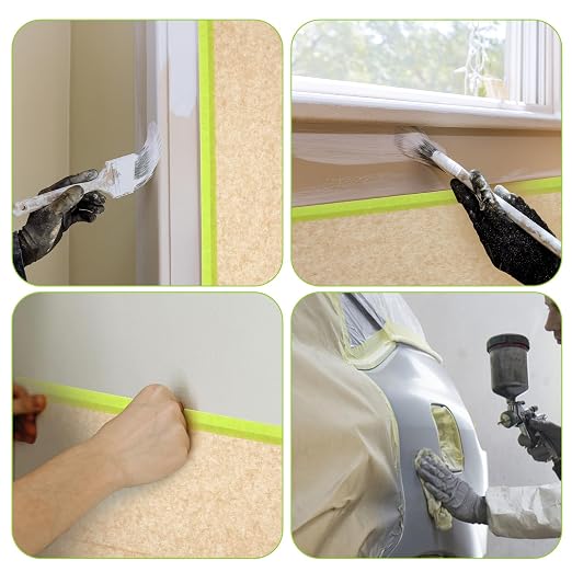 4 Rolls Pre-Taped Masking Paper, 6” x 50 Ft Adhesive Protective Painters Paper for Covering Cars, Furniture, Floors & Frames