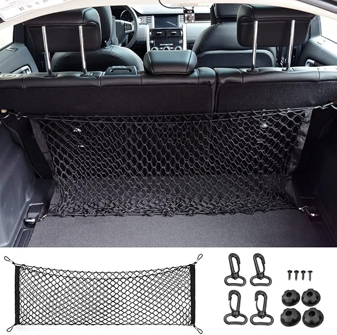 Car Rear Cargo Net, Universal Adjustable Elastic Trunk Cargo Storage Organizer Net, Double-Layer Storage Nylon Mesh Compatible for SUV, Jeep, Truck(43.3 x 15.7in)