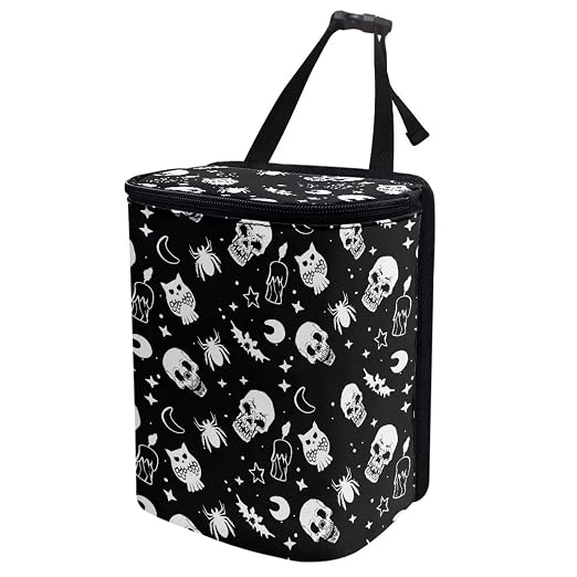 Gothic Skull Moon Star Owl Halloween Print Car Trash Can for Back Seat Leakproof Garbage Can with Lid Portable Collapsible Trash Bin Hanging Backseat Truck Organizer Car Accessories