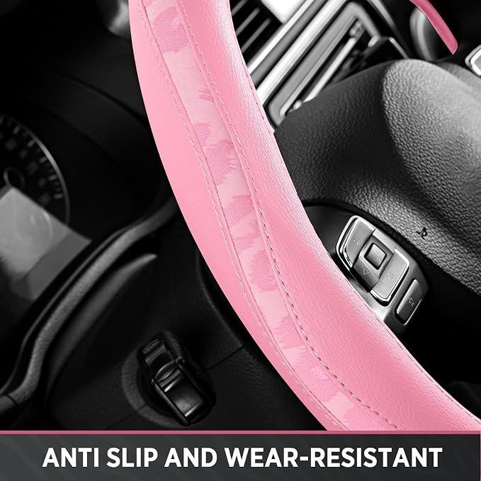 Road Comforts Steering Wheel Cover - Flat Bottom Wheel Cover Made with PVC Leather and Leopard Fabric - Universal Fit for 15-Inch D-Shaped Automotive Steering Wheels (All Pink)