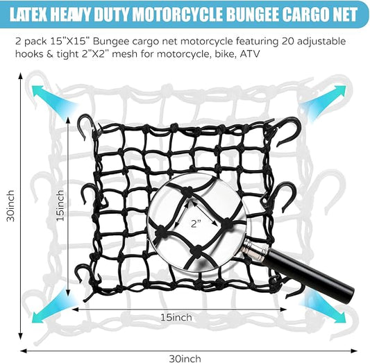 2 Pack 15"X15" Motorcycle Cargo Net Stretches to 30"x30", 2"x2" Tight Mesh,Total 20 Hooks, Cargo Nets for Motorcycle Luggage Bike Basket, Luggage Rack ATV Rack Snowmobile Cargo Helmet Net