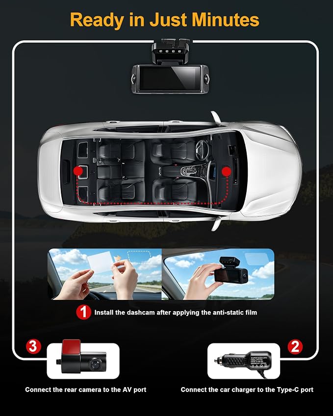 4 Channel 4K Dash Cam - 360° Panoramic Front Rear Inside Camera, STARVIS 2 Night Vision, 5.8GHz WiFi, 170° Wide Lens, 24hr Parking Monitor, G‑Sensor, Included 64GB SD Card for Private Drivers