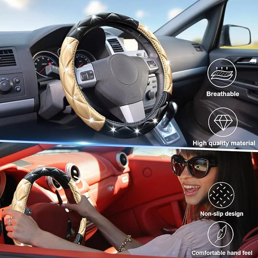 SuperKaKa Black and Gold Steering Wheel Cover, Auto Cute Diamond Bling Soft Comfort Leather Car Interior Accessories Protector Sparkly Fit Most O-Shaped Steering Wheels