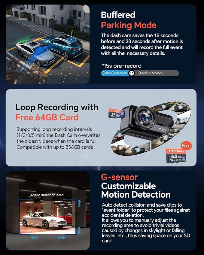 COOLCRAZY Dash Cam Front Rear - 4K STARVIS Sensor Dashcam,Free 64GB Card, Built-in 5G WiFi/GPS, Dual Dash Camera for Cars with 3" IPS Screen,HDR/WDR Night Vision, App Control, 24H Parking Mode