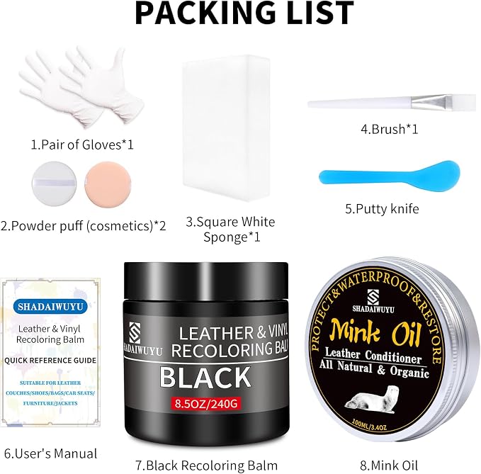 SHADAIWUYU 8.5oz Leather Recoloring Balm with 100ml Mink Oil,Black Leather Repair kit for Furniture and Car Interior,Leather Couch Scratch Repair,Leather Dye Paint,Mink Oil for Leather