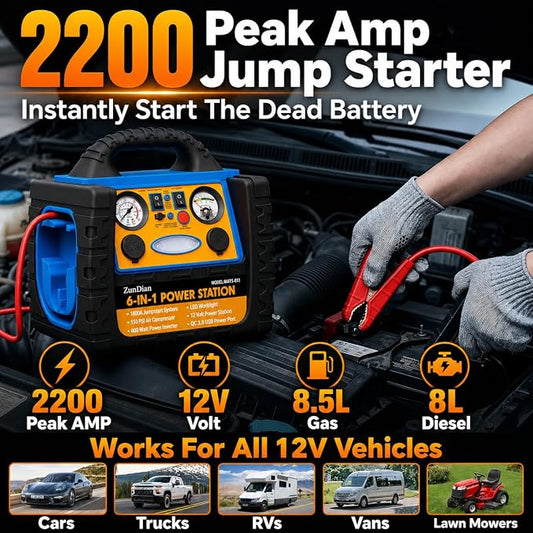Car Jump Starter with Air Compressor, 2200A Battery Booster Pack for Up to 8.0L Gas & 6.0L Diesel, 150PSI Tire Inflator, 400W Portable Power Station with AC Outlet, 6-in-1 Jump Box for Cars, Trucks