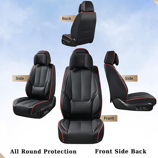 Coverado Universal Seat Covers Full Set, Universal Seat Covers for Cars, Waterproof Nappa Leather Car Seat Covers with Head Pillow, 5 Seats Auto Protectors Fit for Most Pick-up Truck, Black&Redline