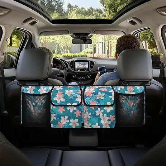 Tropical Flower Car Backseat Organizer Foldable Vehicle Interior Cargo Organizer Accessories Car Trunk Organizers with 4 Large Pockets Universal Fit for Cars SUV Sedans