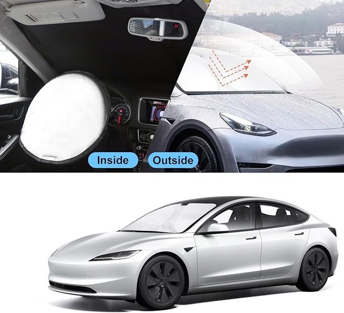 TINGLU Sun Shade for Tesla Model Y Model 3 2017-2025 2026(Fit 2025 2026 Model Y Juniper/2024 Model 3 Highland) Accessories Windshield Sun Shade Window Shade UV Rays Protection Sun Visor Cover