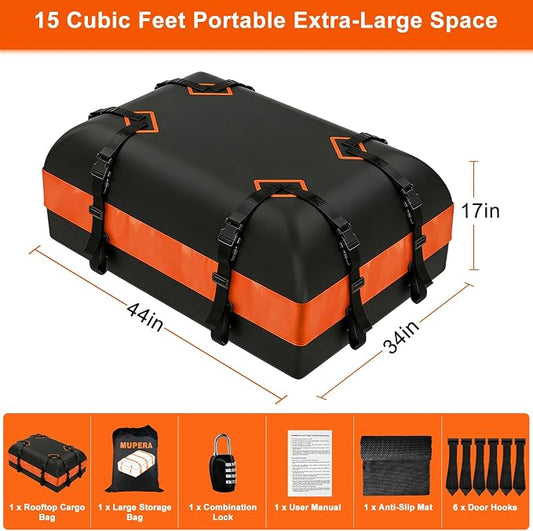 Mupera 15 Cubic Ft Waterproof Rooftop Cargo Carrier, Upgraded Anti-Slip Mat, 6 Door Hooks & Lock for Cars SUVs with/Without Roof Rack