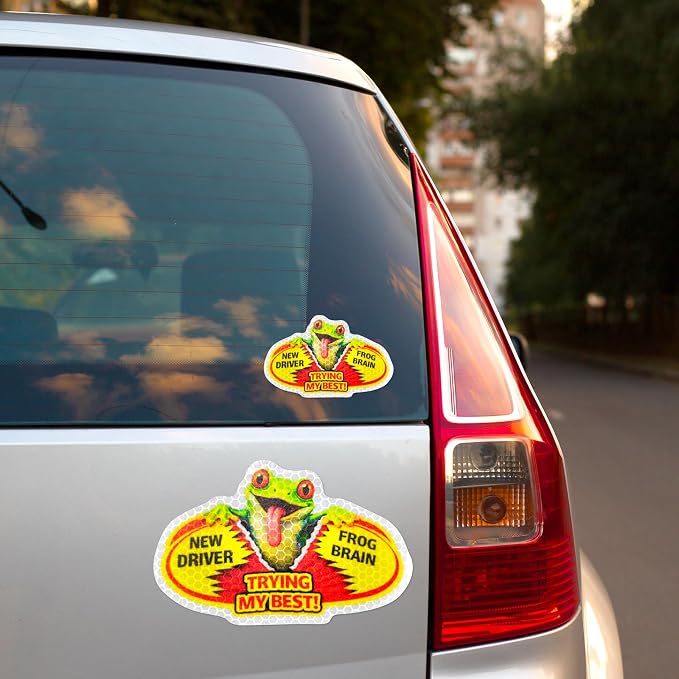 3 Pcs Reflective Student Driver Magnet and Stickers Set - Funny Animal New Driver Safety Signs for Car, Waterproof & Weatherproof High Visibility Vehicle Bumper Decals, Magnet + Stickers (Tree frog)