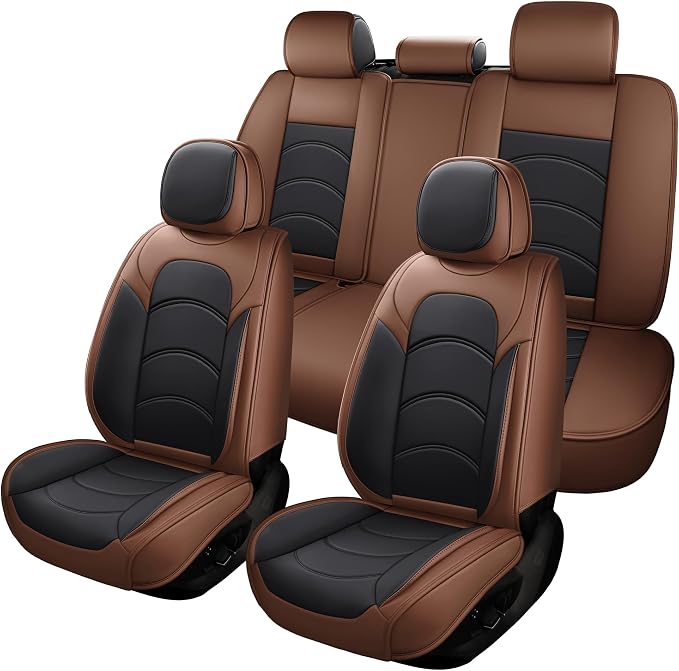 otoez Car Seat Covers Full Set, 5 Seats Waterproof Universal Leather Seat Cover for Cars, Front Rear Automotive Interior Protectors Full Coverage for Most Cars Sedens Trucks SUVs, Black+Brown