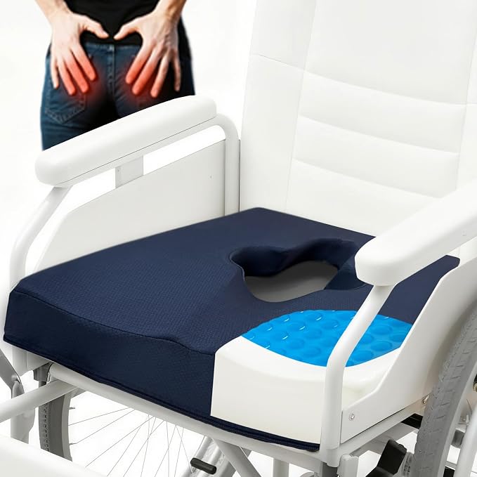 Gel Wheelchair Seat Cushion,Bed Sore Cushions for Butt, Memory Foam Hemorrhoid Pillow for Chairs,Butt Pillow for Pressure Sore&Ulcer Pain,Sciatica &Coccyx Pain Relief,Washable-Cover(Blue)